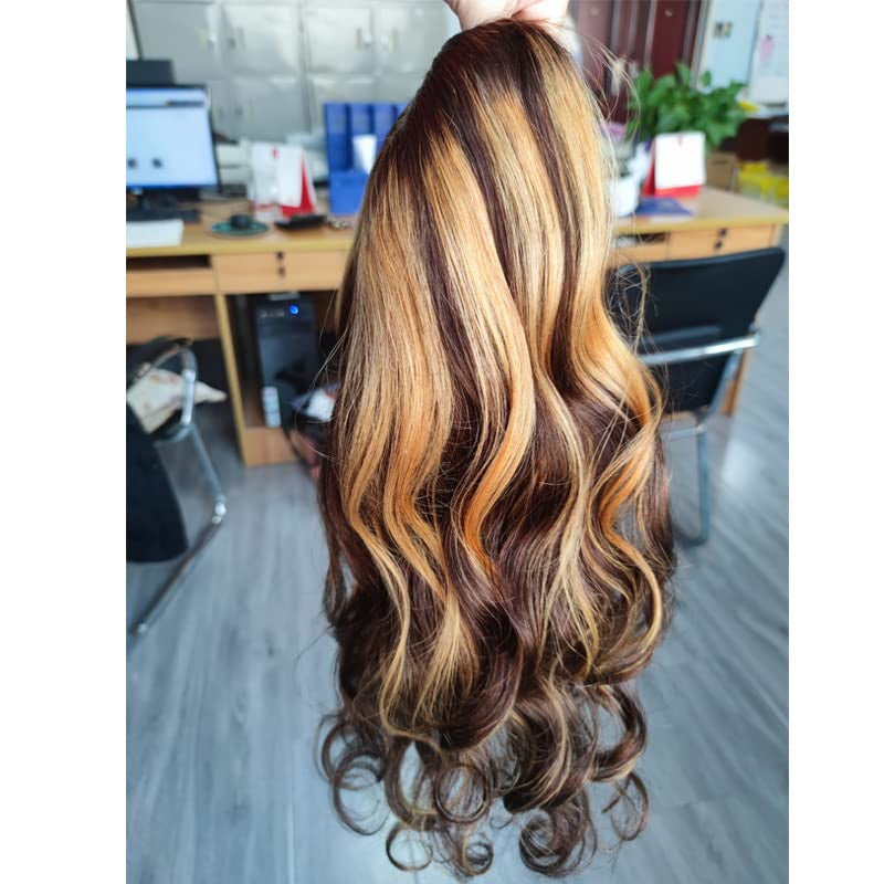 22Inch Ombre Highlight U Part Wig Human Hair Body Wave for Women 4/27 Balayage Brown Blonde 180% 1X4 U Open Full Head Upart Natural Hair Half Wig Clips in Scalp Protective Beginner Friendly
