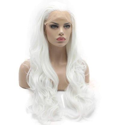 Wavy Long 26Inch White Wig Heat Friendly Full Density Realistic Synthetic Lace Front Wig