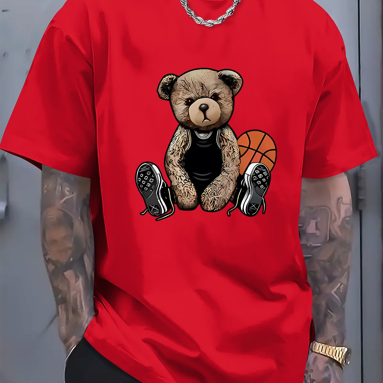 Men's T-shirt With Cool Bear And Basketball Prints, Casual Short Sleeved Round Neck T-shirt, Soft And Comfortable Top, Street Fashion