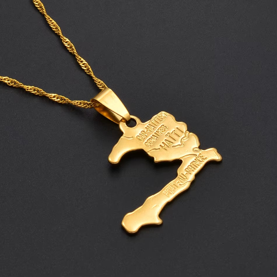 Haiti Map Necklace Pendants for Women Girls,Gold Color Ayiti Jewelry Map of Haiti #003910