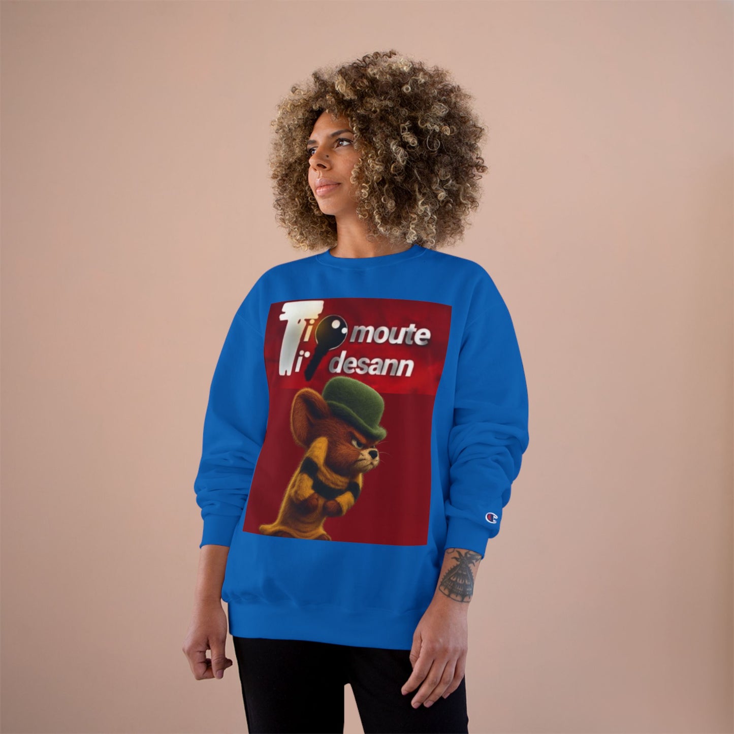 Sweatshirt — Retro Cartoon Mouse "T' moute desann" Graphic Crewneck