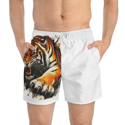 Fierce Tiger Print Swim Trunks, Beach Shorts, Men's Summer Swimwear, Vacation Essentials, Pool Party Gear, Unique Gift