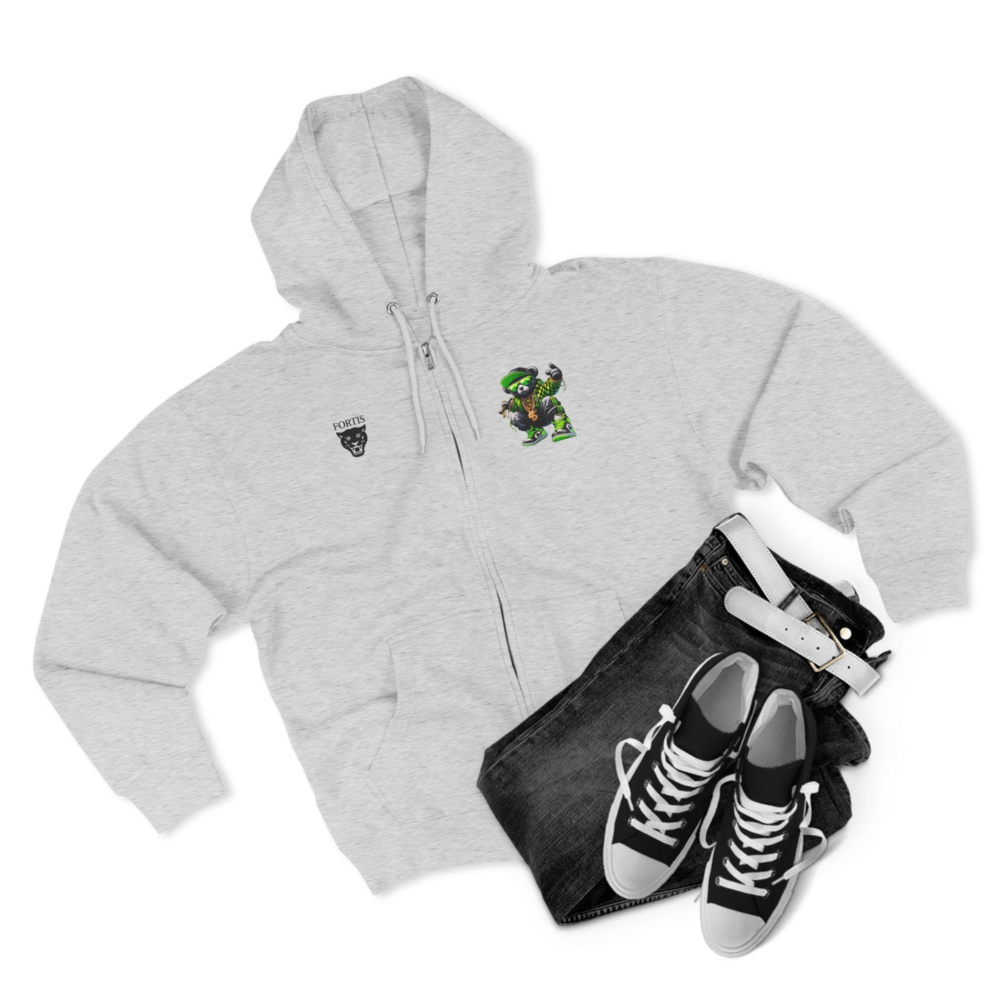 Streetwear Bear Zip Hoodie — Green Urban Teddy Graphic Zip-Up