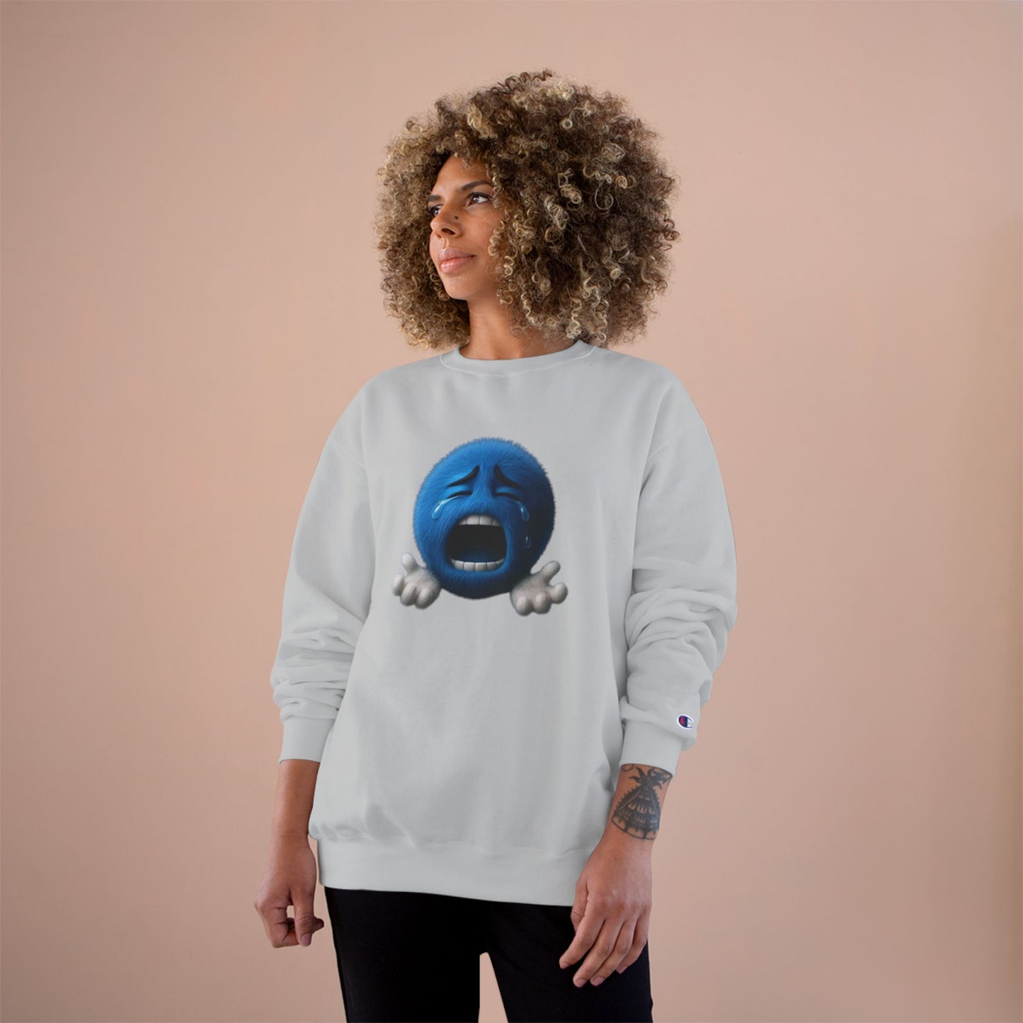 Crying Blue Emoji Champion Sweatshirt — Emojis Graphic Crewneck for Casual Wear