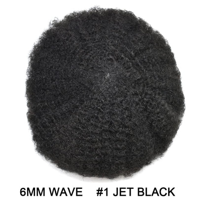 Afro Toupee for Black Men Hair System Replacement 8X10 All Transparent French Lace Kinky Curly Human Hair African American Mens Wigs Hair Unit Afro Wavy 6Mm #1 Jet Black