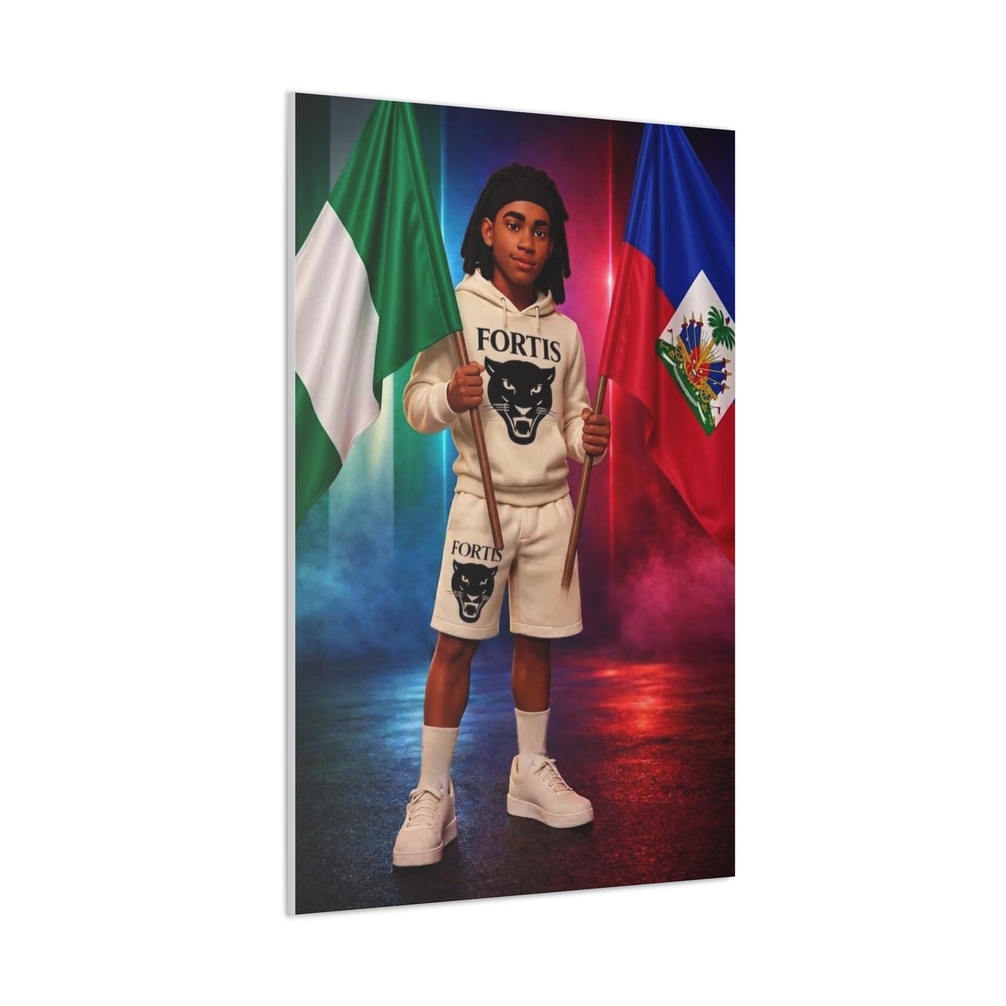 Classic Canvas Portrait Print — Youth Holding Nigeria & Haiti Flags
