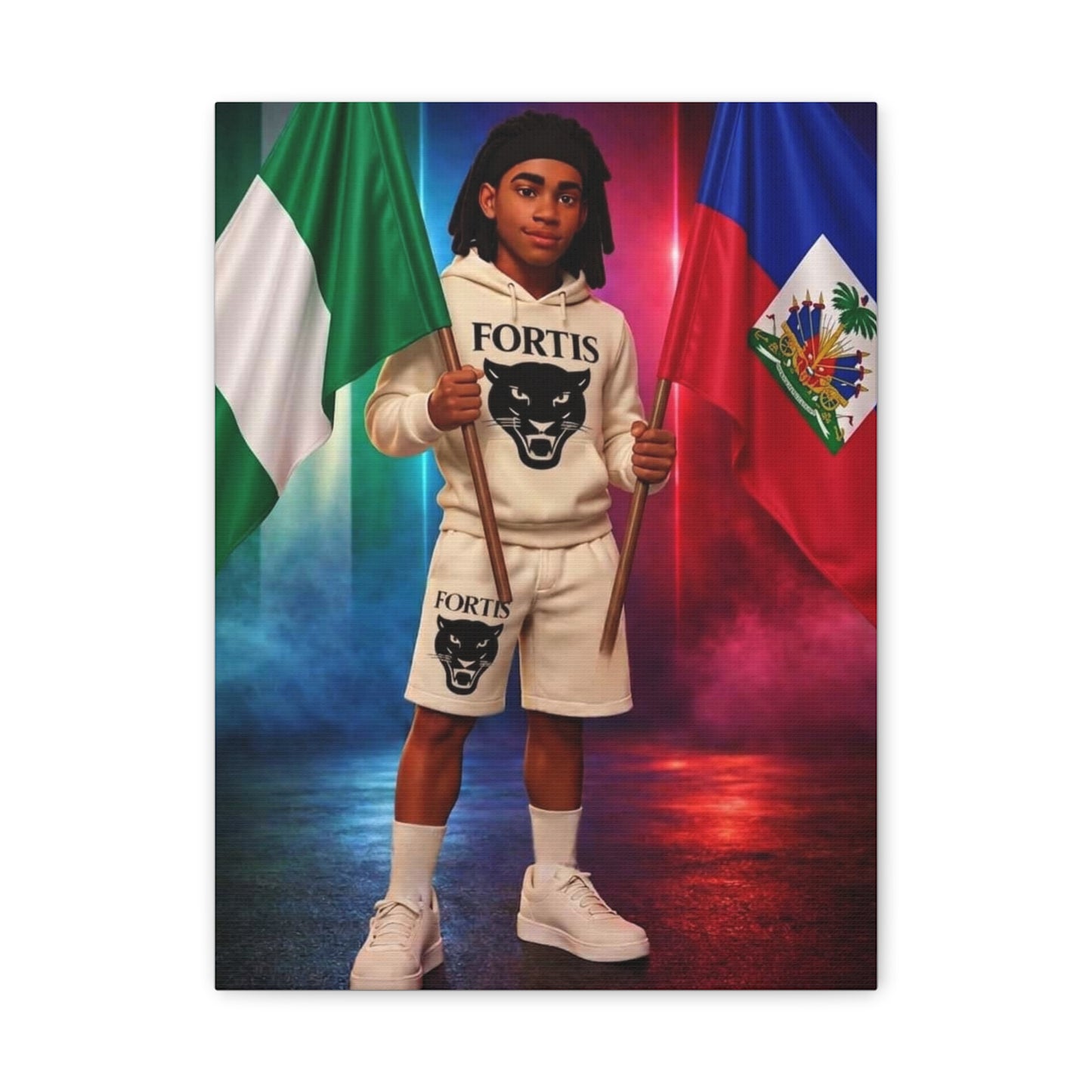 Classic Canvas Portrait Print — Youth Holding Nigeria & Haiti Flags