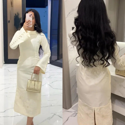 Customized Jersey Applique Button Pleat Cocktail Party A-Line O-Neck Bespoke Occasion Gown Midi Dresses