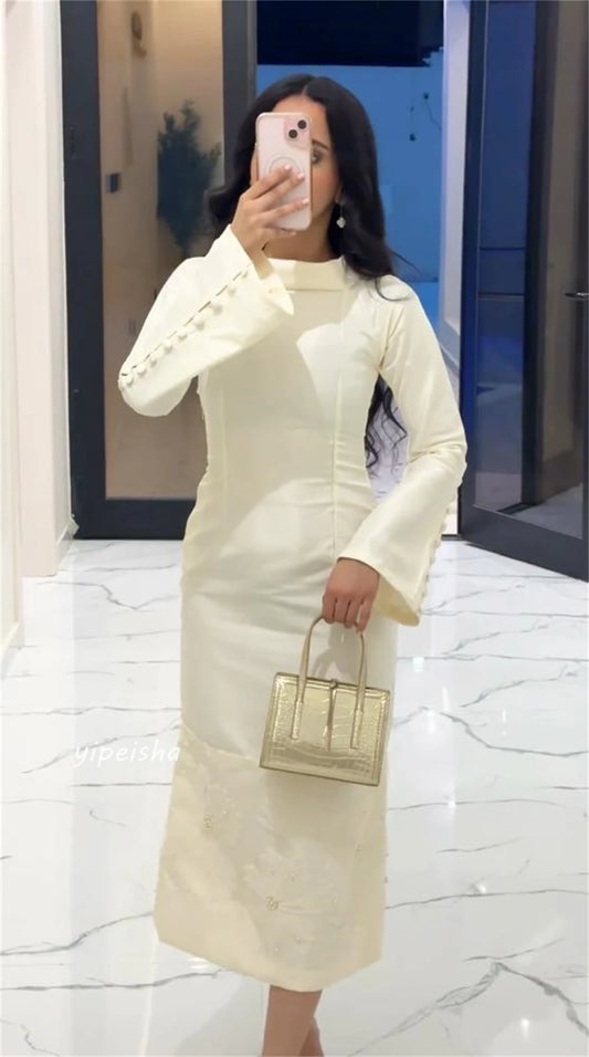 Customized Jersey Applique Button Pleat Cocktail Party A-Line O-Neck Bespoke Occasion Gown Midi Dresses
