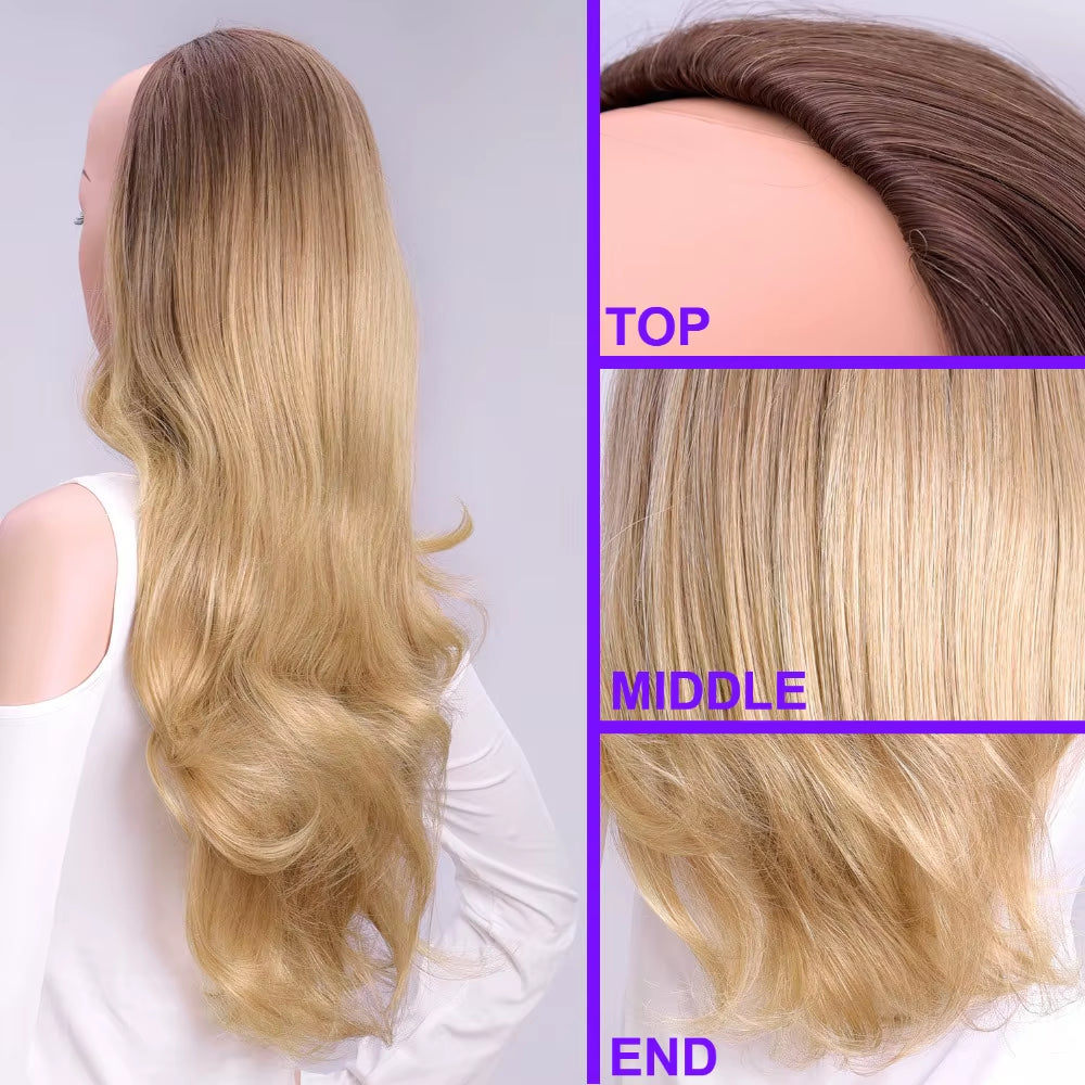 24" Synthetic Wave 3/4 Ladies Half Wig Hair Wavy Wigs with Comb on a Mesh Head Cap Clip in Hair Extension