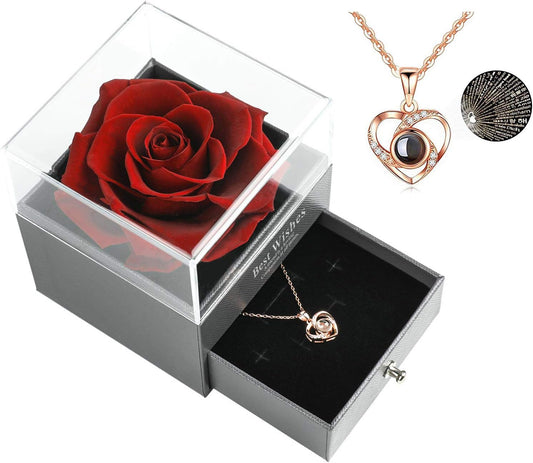 Preserved Real Rose Drawer with Heart Necklace I Love You in 100 Languages Gift Set, Handmade Enchanted Real Rose Flower for Valentine’S Day Anniversary Birthday Romantic Gifts for Her (Wine)