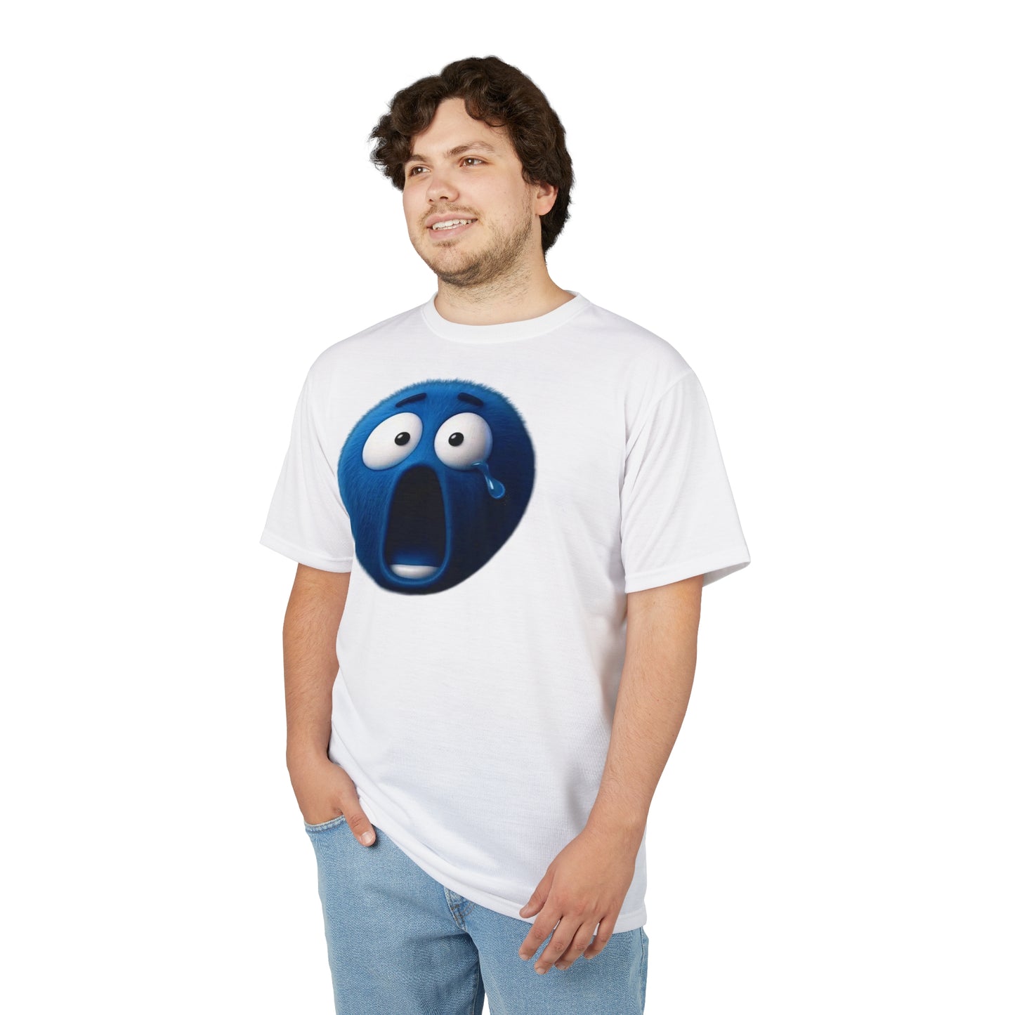 Blue Shocked Emoji T-Shirt — Funny Fuzzy Face Graphic Tee