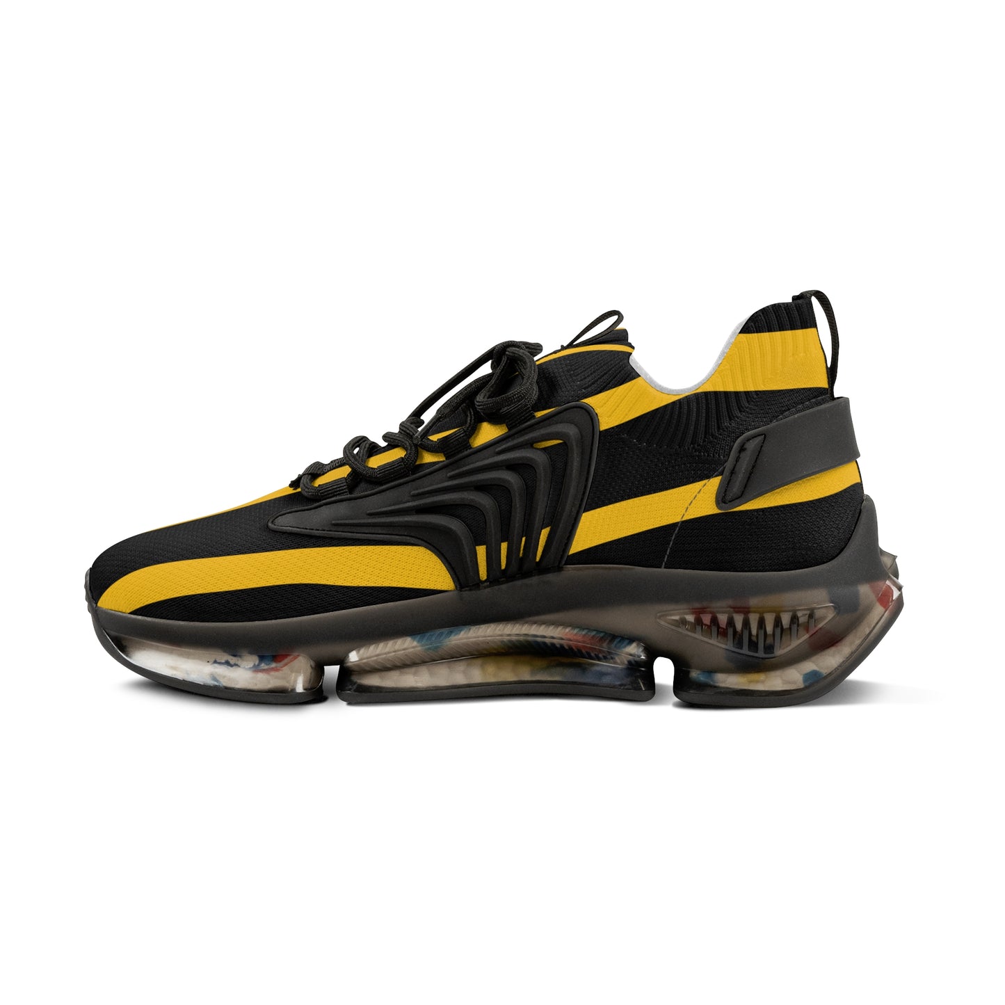 Men's Black & Yellow Striped Mesh Sneakers — Athletic Fashion Shoes with Bold Racing Stripe Design
