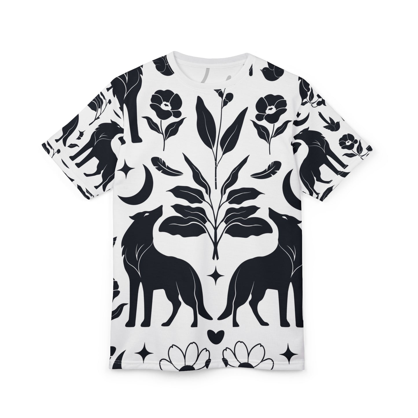 Botanical Fox Pattern Tee — Black & White Floral All-Over Print T-Shirt