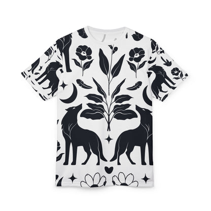 Botanical Fox Pattern Tee — Black & White Floral All-Over Print T-Shirt