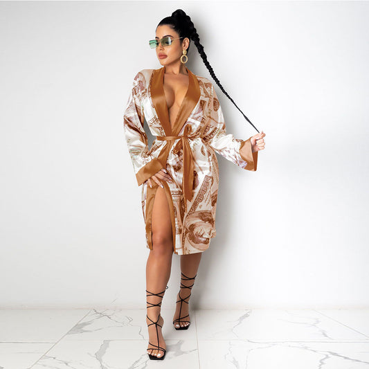 Printed Loose Robe Bathrobe Cardigan Housewear,Robe Décontractée Imprimée Style Kimono – Cardigan Loungewear Chic pour Femme