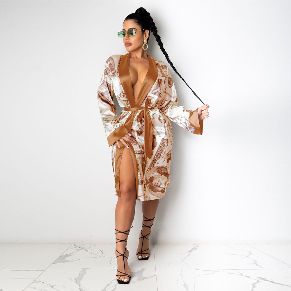 Printed Loose Robe Bathrobe Cardigan Housewear,Robe Décontractée Imprimée Style Kimono – Cardigan Loungewear Chic pour Femme