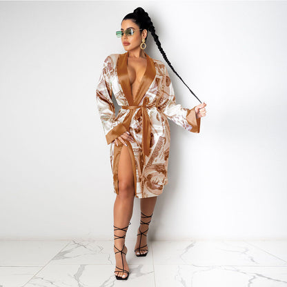Printed Loose Robe Bathrobe Cardigan Housewear,Robe Décontractée Imprimée Style Kimono – Cardigan Loungewear Chic pour Femme