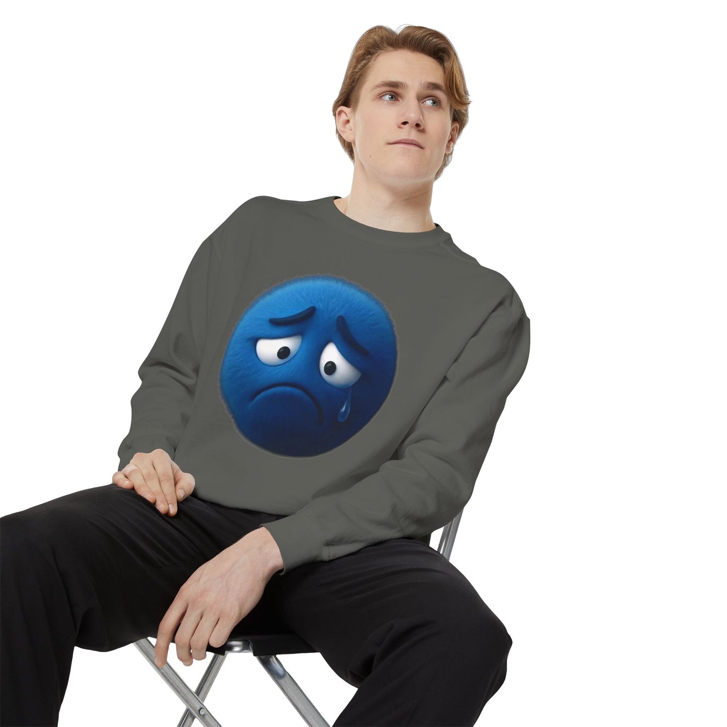 Sad Blue Emoji Sweatshirt – Cute Tear Drop Face Graphic Crewneck