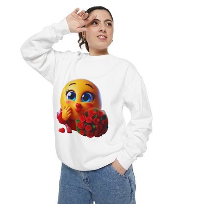 Kissing Emoji with Roses Sweatshirt — Cute Valentine’s Bouquet Graphic Sweatshirt
