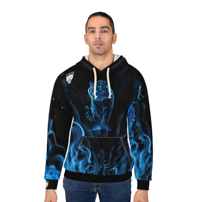 Blue Flame Panther Hoodie – Black Pullover with Neon Cat Flames