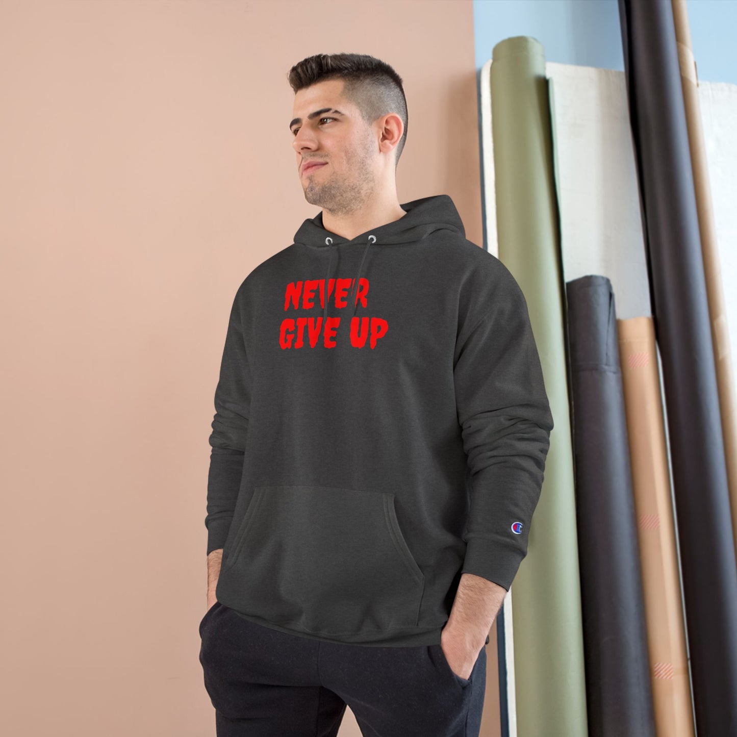 Never Give Up Hoodie – Motivational White Champion Hoodie