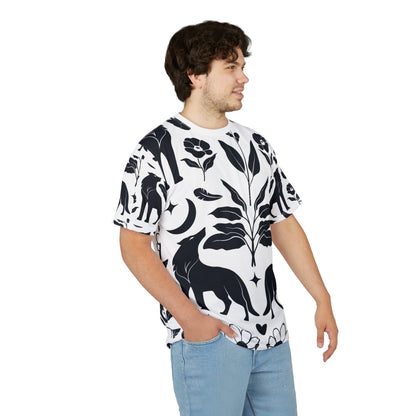 Botanical Fox Pattern Tee — Black & White Floral All-Over Print T-Shirt