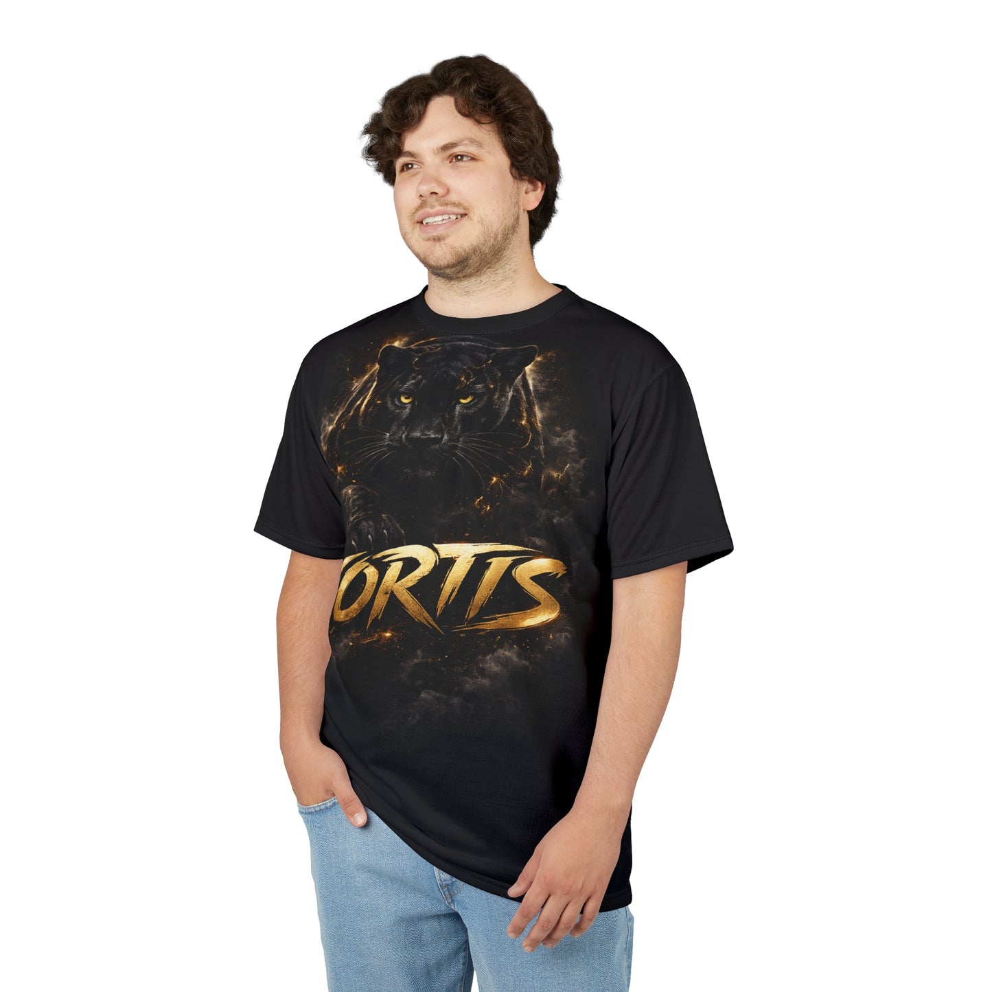 Fortis Black Panther Graphic Tee — Bold Gold Lettering All-Over Print