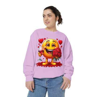 Valentine Emoji Sweatshirt — Smiley with Roses & Wine Love Crewneck