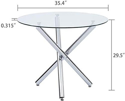 Glass round Dining Table with Clear Tempered Top - Modern Kitchen End Table for Leisure Tea and Coffee
