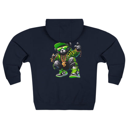 Streetwear Bear Zip Hoodie — Green Urban Teddy Graphic Zip-Up