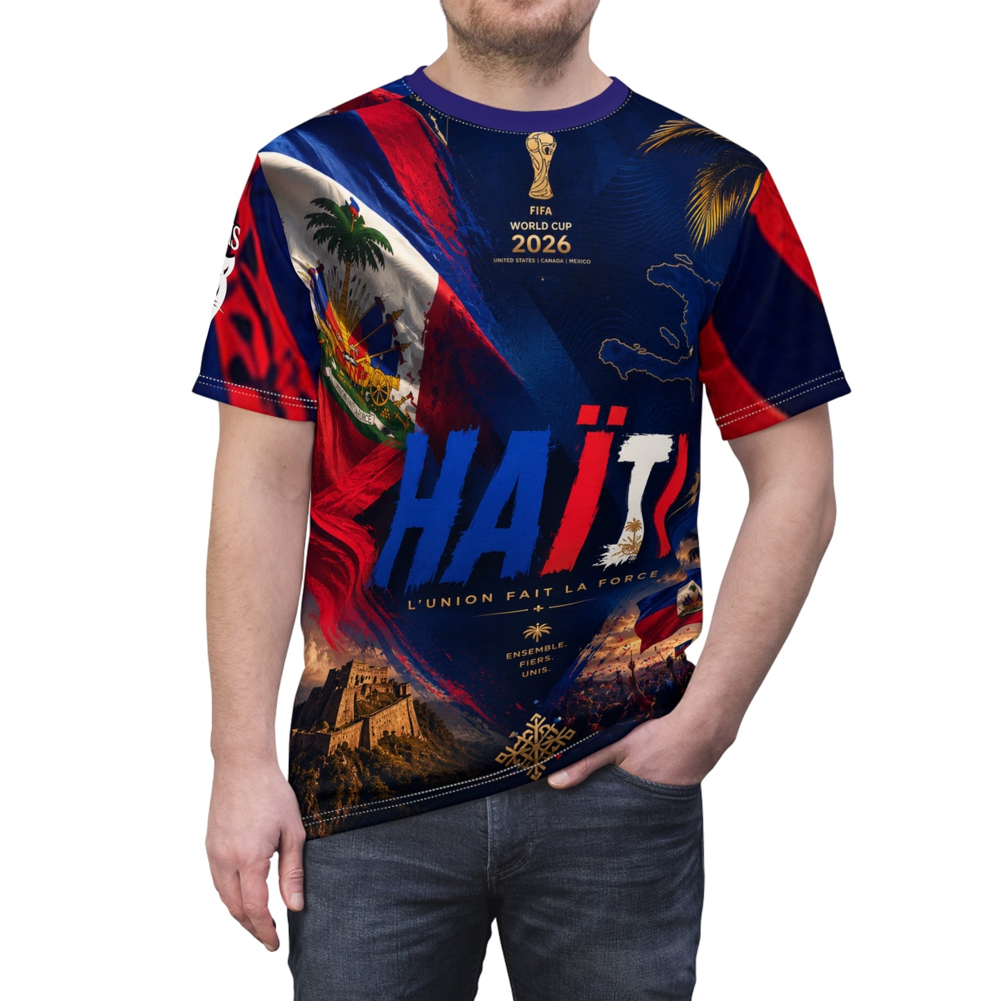 Haiti All-Over Print Tee — 'Haïti' Patriotic Soccer World Cup 2026 Design