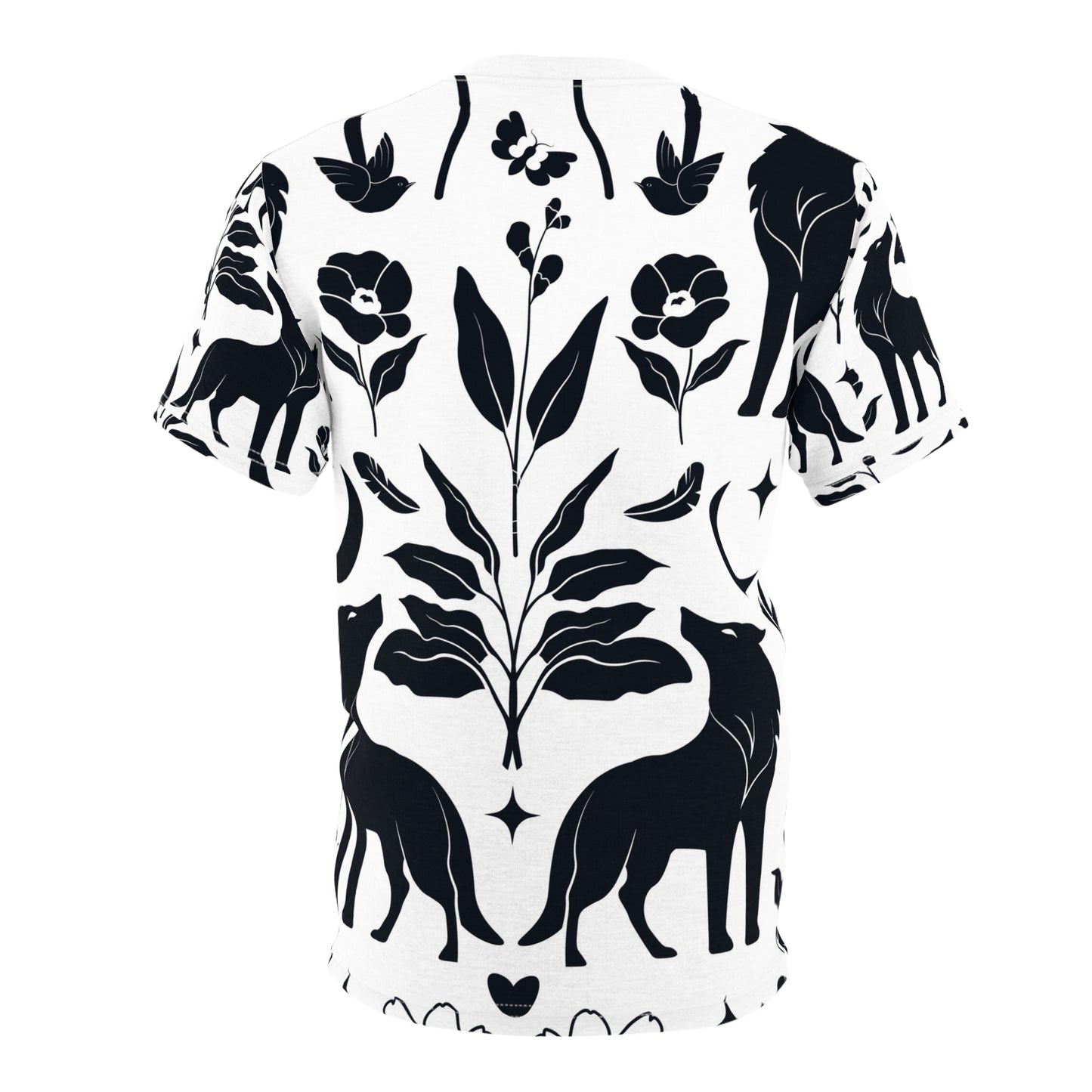 Botanical Fox Pattern Tee — Black & White Floral All-Over Print T-Shirt