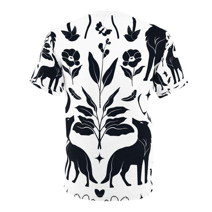Botanical Fox Pattern Tee — Black & White Floral All-Over Print T-Shirt