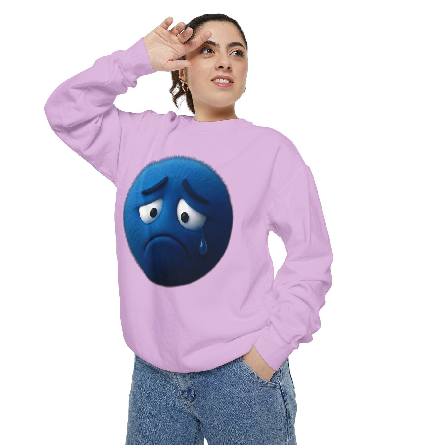 Sad Blue Emoji Sweatshirt – Cute Tear Drop Face Graphic Crewneck