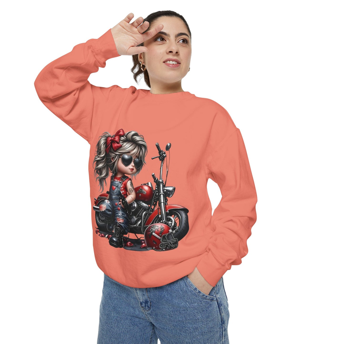 Retro Biker Girl Sweatshirt — Cute Motorcycle Crewneck