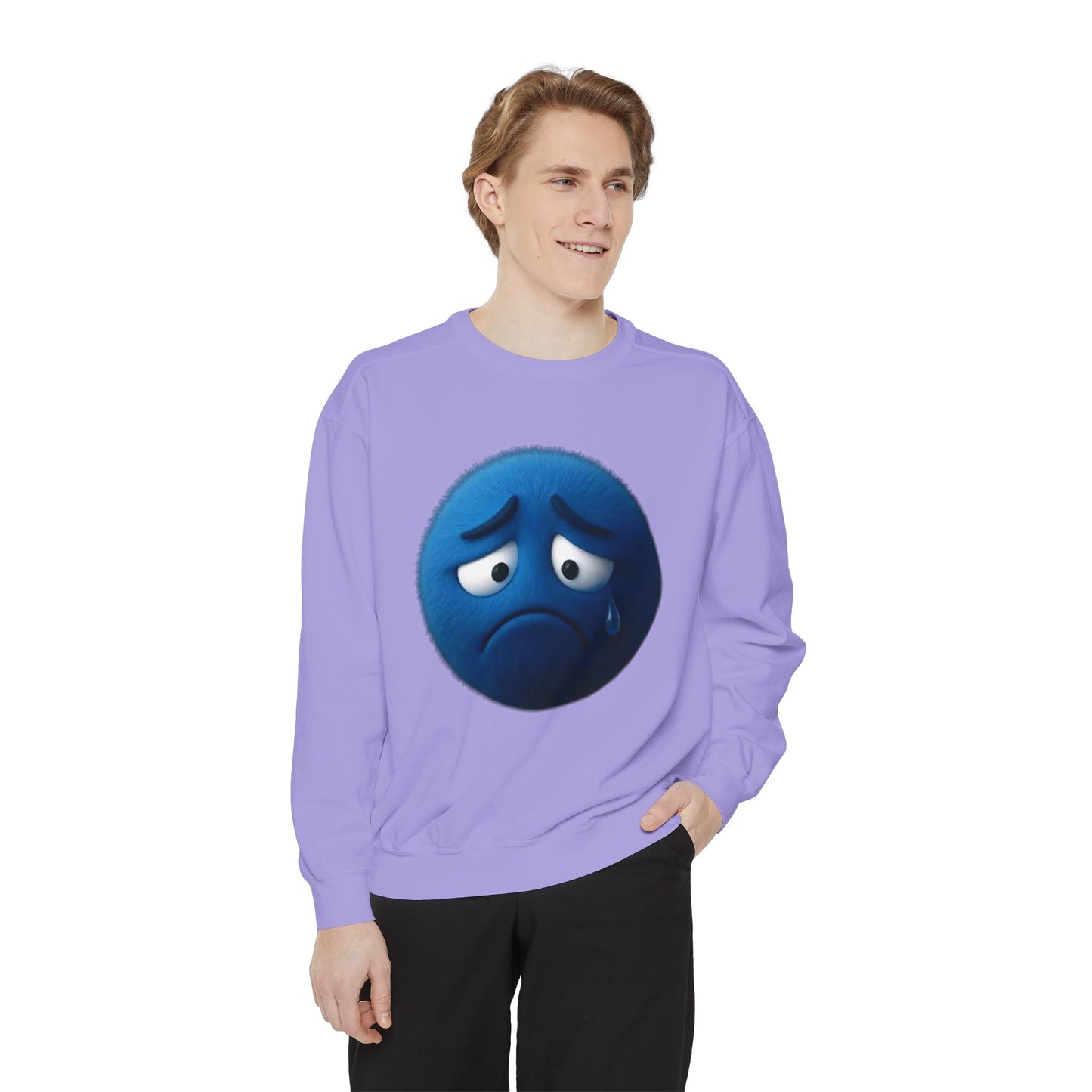 Sad Blue Emoji Sweatshirt – Cute Tear Drop Face Graphic Crewneck