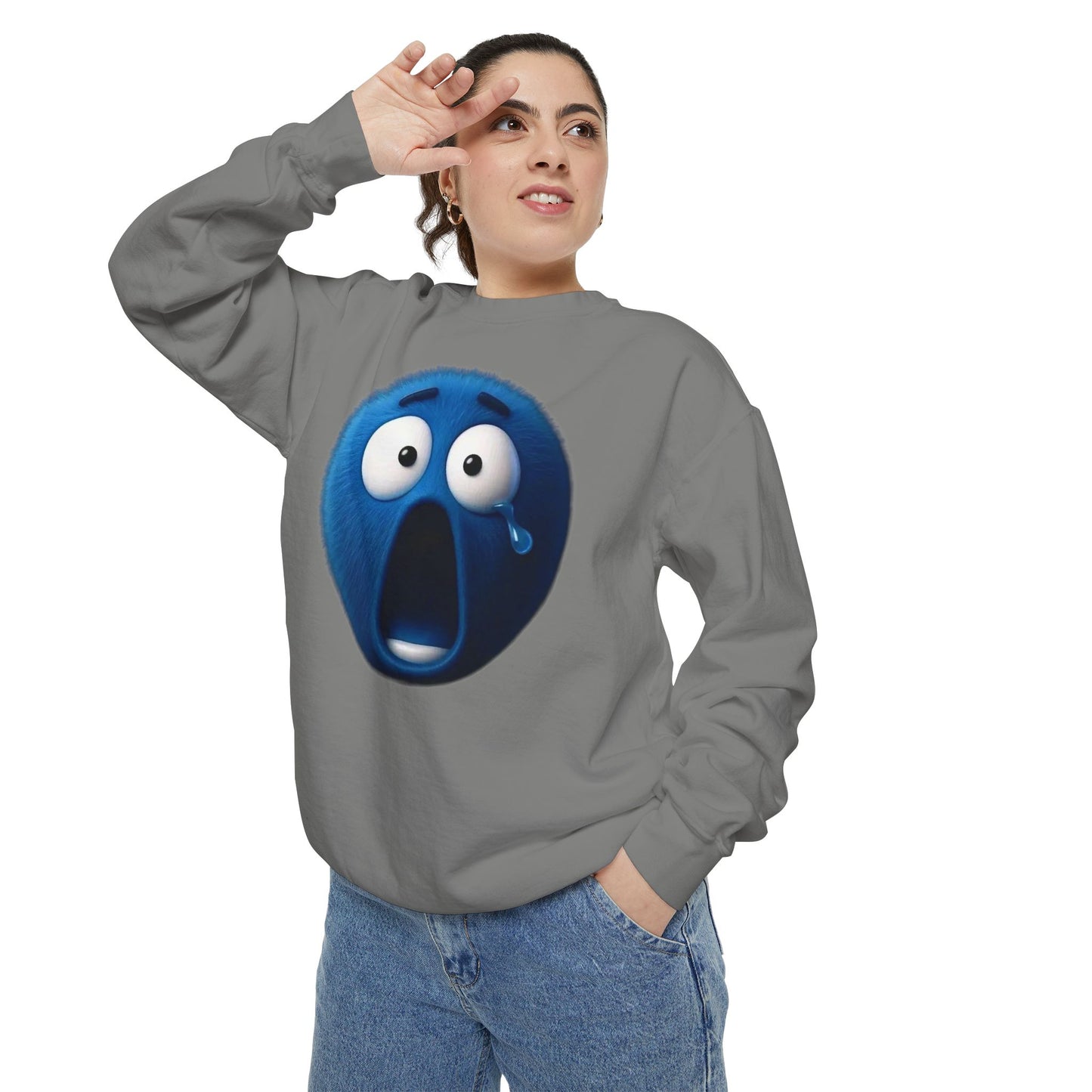 Blue Shock Emoji Sweatshirt — Funny Surprised Face Graphic Pullover