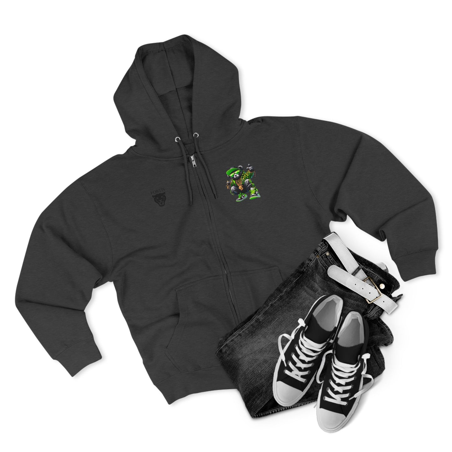 Streetwear Bear Zip Hoodie — Green Urban Teddy Graphic Zip-Up