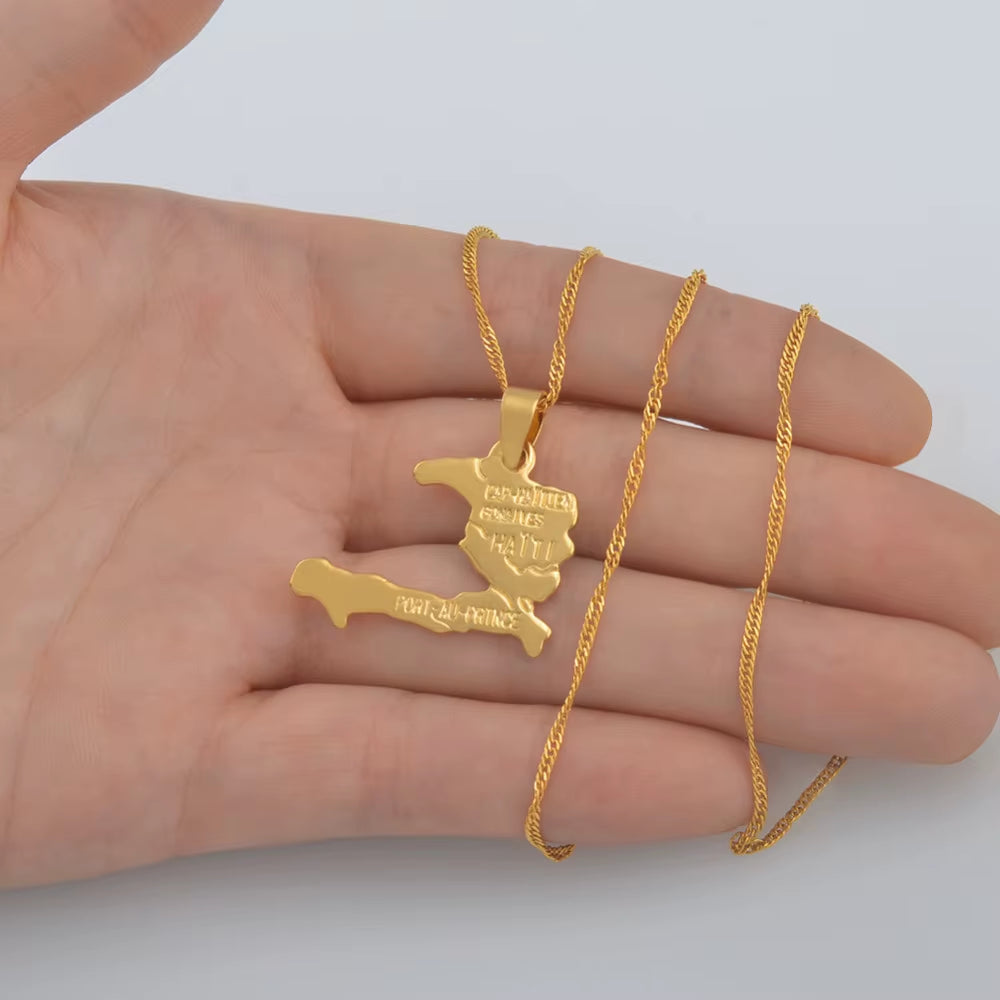 Haiti Map Necklace Pendants for Women Girls,Gold Color Ayiti Jewelry Map of Haiti #003910