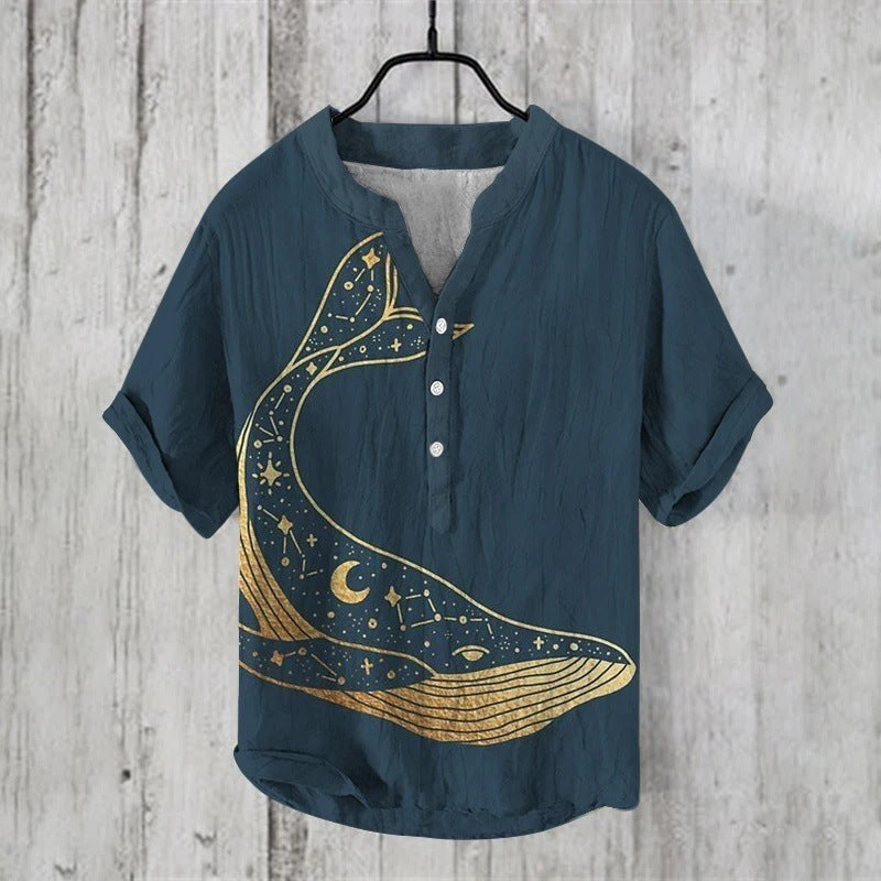 Printed V-neck Men's 3 Breasted Pullover Short Sleeve Shirt