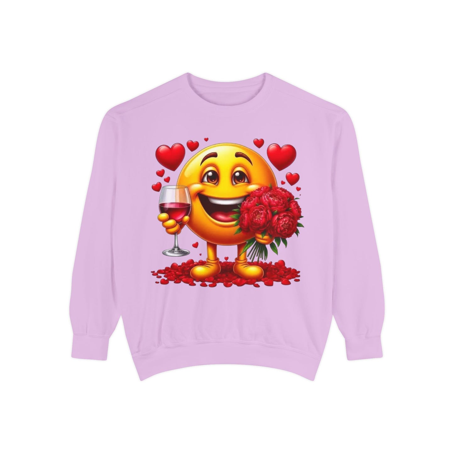 Valentine Emoji Sweatshirt — Smiley with Roses & Wine Love Crewneck
