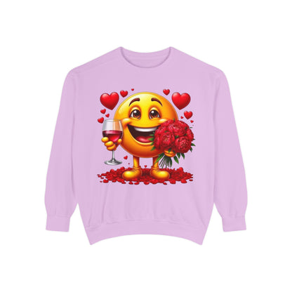 Valentine Emoji Sweatshirt — Smiley with Roses & Wine Love Crewneck