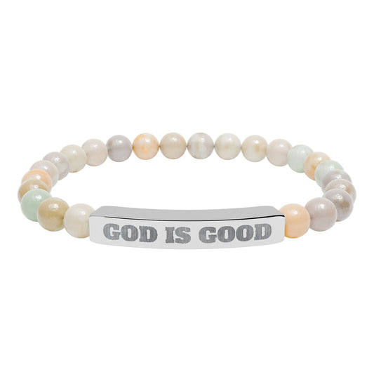 Engraved 'God Is Good' Natural Stone Stretch Bracelet