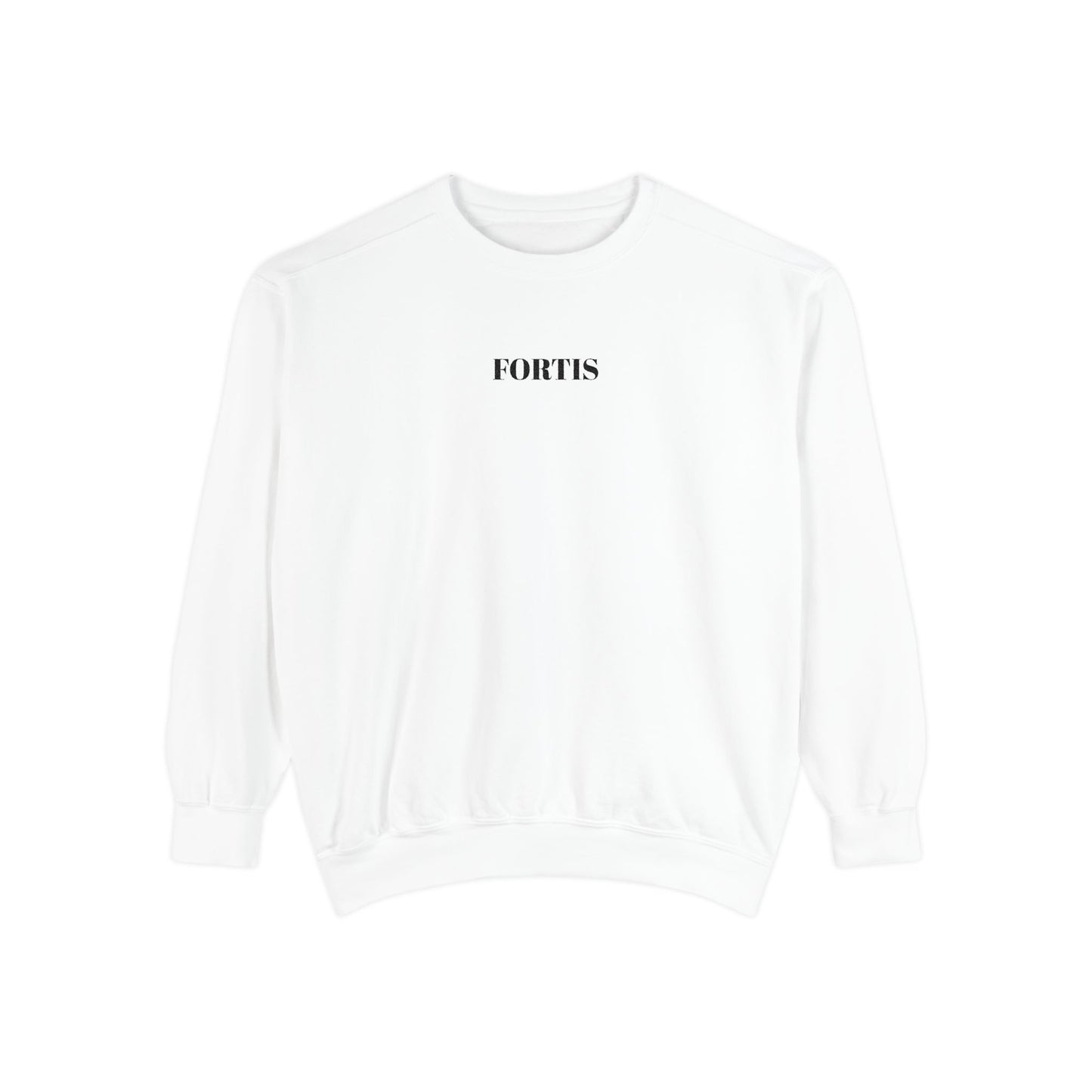 Fortis Minimalist White Sweatshirt — Small Center Logo, Casual Everyday Crewneck