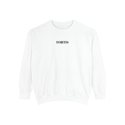 Fortis Minimalist White Sweatshirt — Small Center Logo, Casual Everyday Crewneck