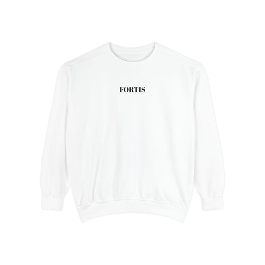 Fortis Minimalist White Sweatshirt — Small Center Logo, Casual Everyday Crewneck