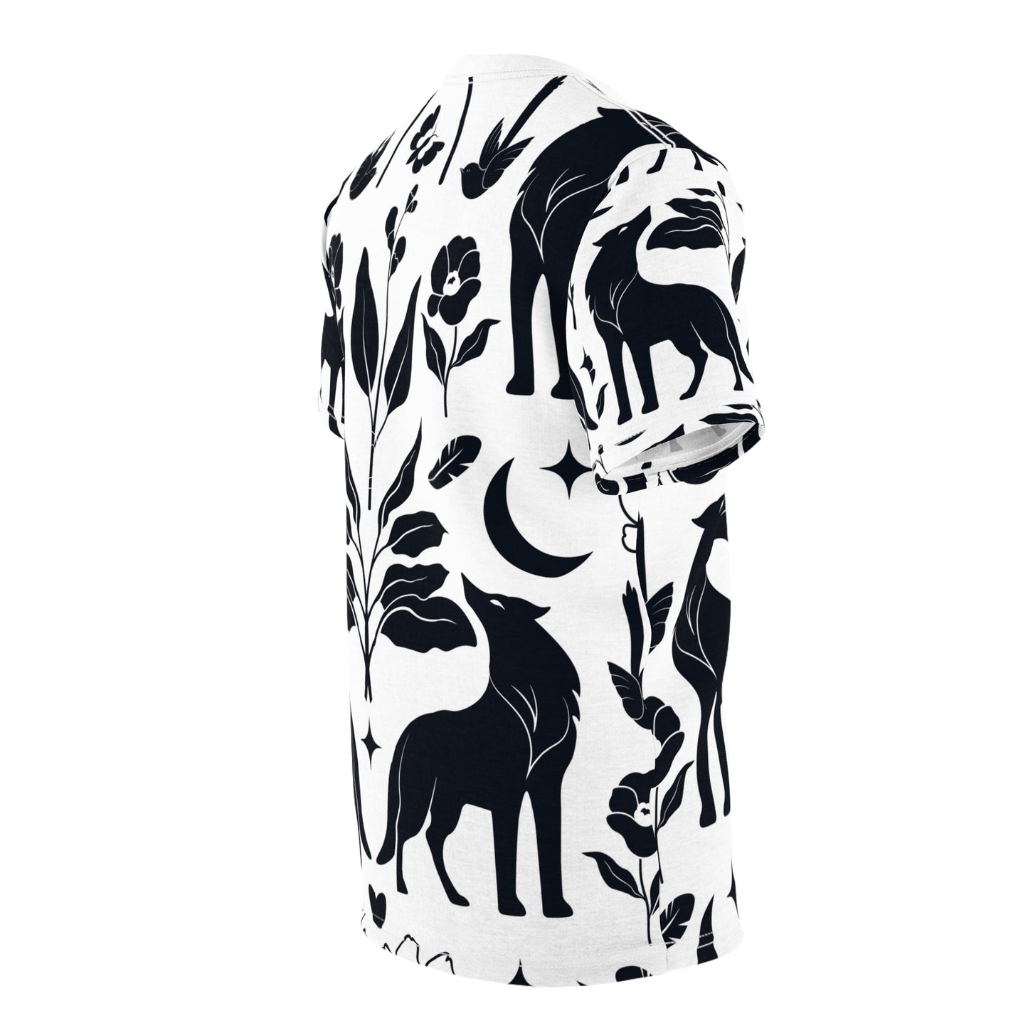 Botanical Fox Pattern Tee — Black & White Floral All-Over Print T-Shirt