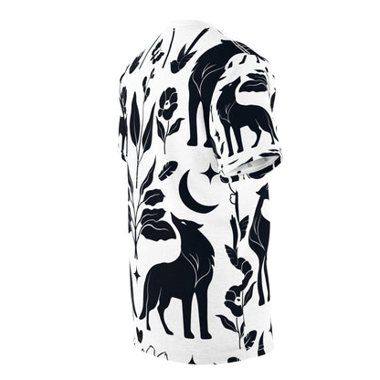 Botanical Fox Pattern Tee — Black & White Floral All-Over Print T-Shirt