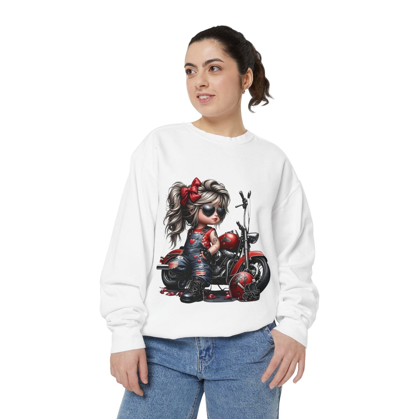 Retro Biker Girl Sweatshirt — Cute Motorcycle Crewneck